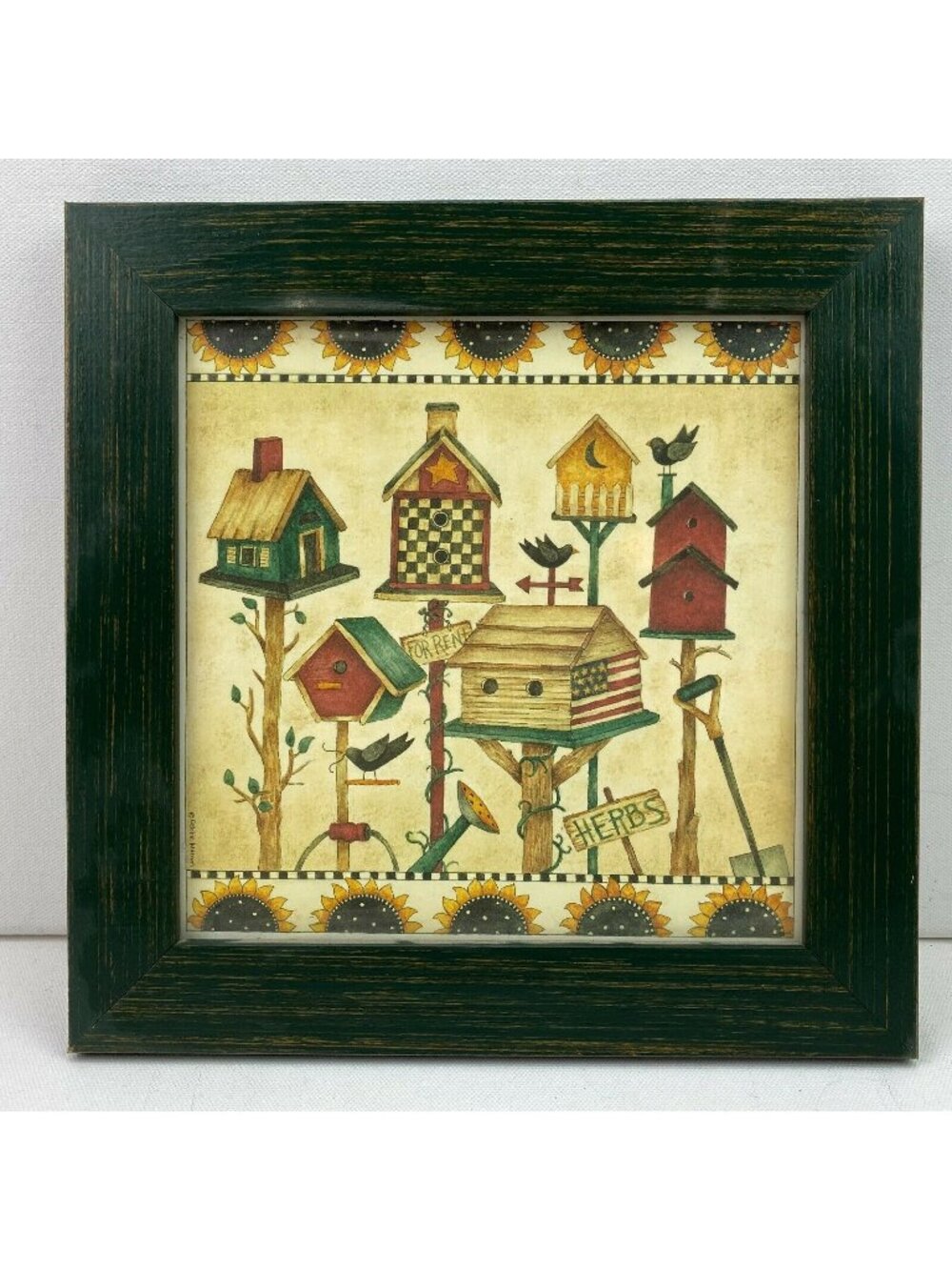 Debbie Mumm Birdhouse Wall Art 11"x11" Green Wood Frame Sunflower Border